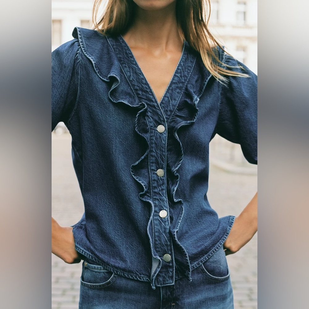 Zara Denim Ruffle Shirt - Picture 3 of 11